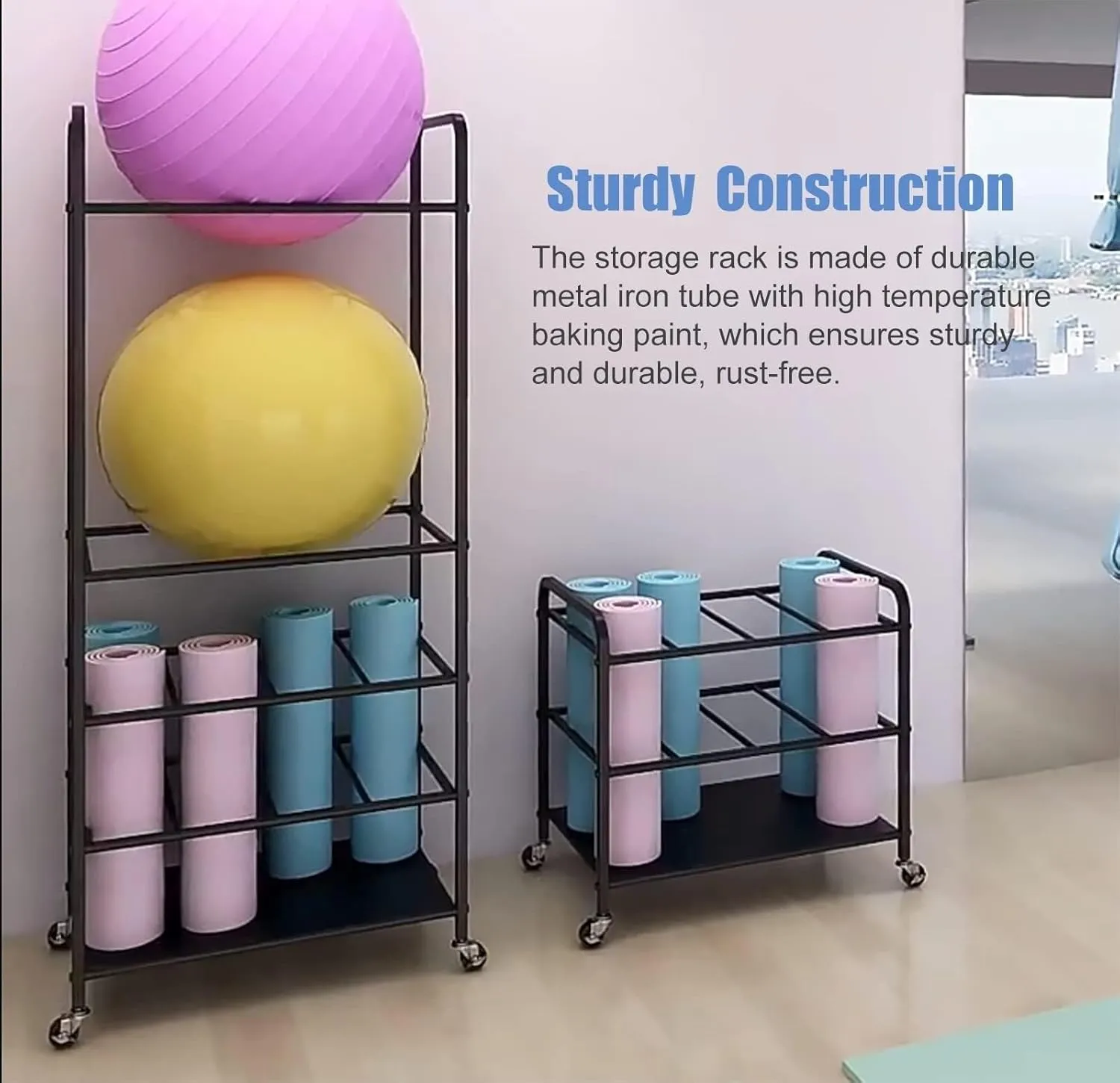 Freestanding Mat Rack & Ball Storage Stand, Multi-Layer Organizer With Lockable Wheels, Mobile Sports Equipment Holder For Home Gym, Studio Office