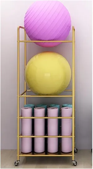 Freestanding Mat Rack & Ball Storage Stand, Multi-Layer Organizer With Lockable Wheels, Mobile Sports Equipment Holder For Home Gym, Studio Office