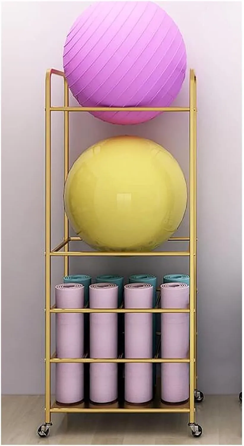 Freestanding Mat Rack & Ball Storage Stand, Multi-Layer Organizer With Lockable Wheels, Mobile Sports Equipment Holder For Home Gym, Studio Office