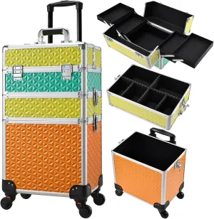FRENESSA 3 in 1 Rolling Makeup Case on Wheels - Cosmetology Storage Organizer for Salon, Barber, Nail Tech, Mobile Hairstylists - Traveling Trolley Cart Makeup Trunk Tricolor