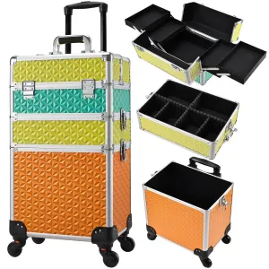 FRENESSA 3 in 1 Rolling Makeup Case on Wheels - Cosmetology Storage Organizer for Salon, Barber, Nail Tech, Mobile Hairstylists - Traveling Trolley Cart Makeup Trunk Tricolor