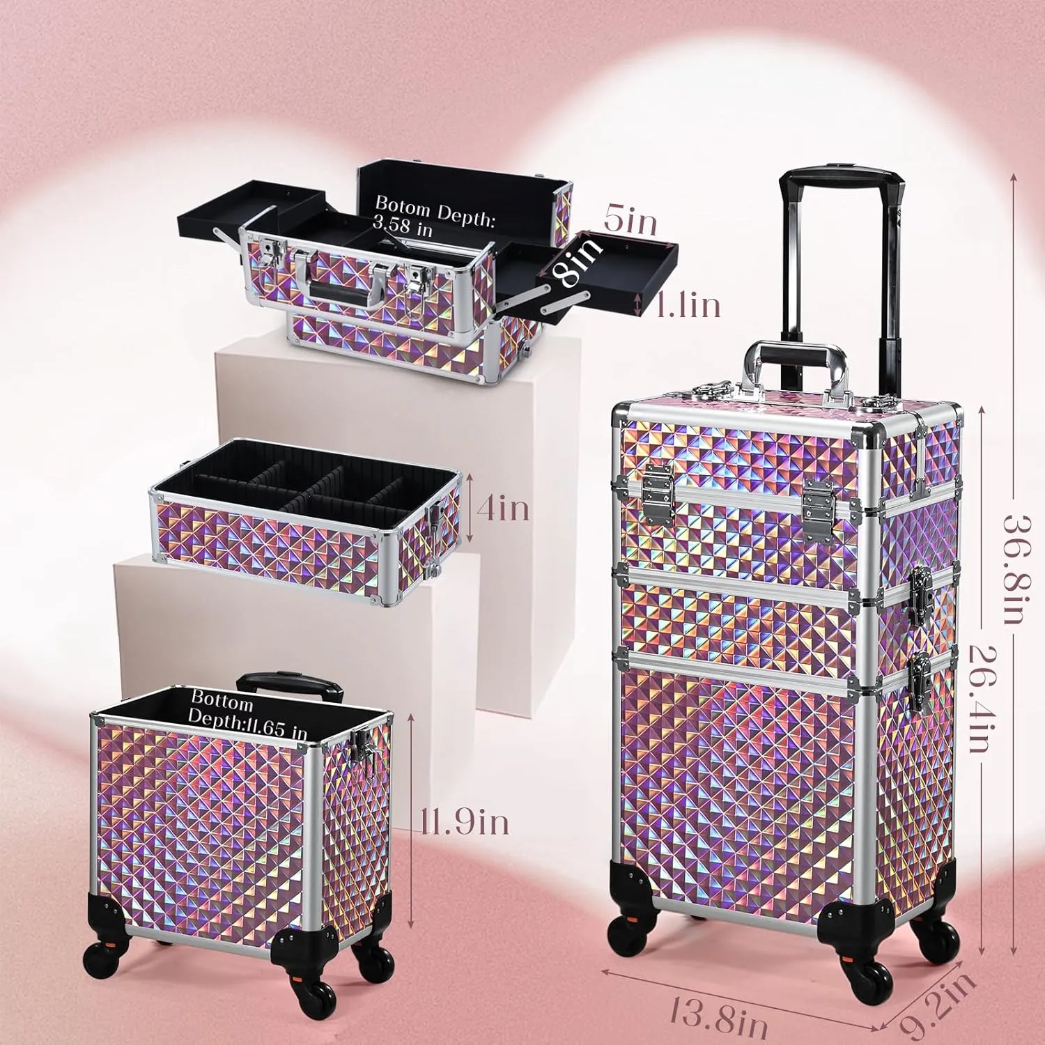 FRENESSA 3 in 1 Rolling Makeup Train Case Portable Cosmetic Trolley Large Storage for Professional with 360° Swivel Wheels Salon Barber Case Traveling Cart Trunk - Glitter Pink