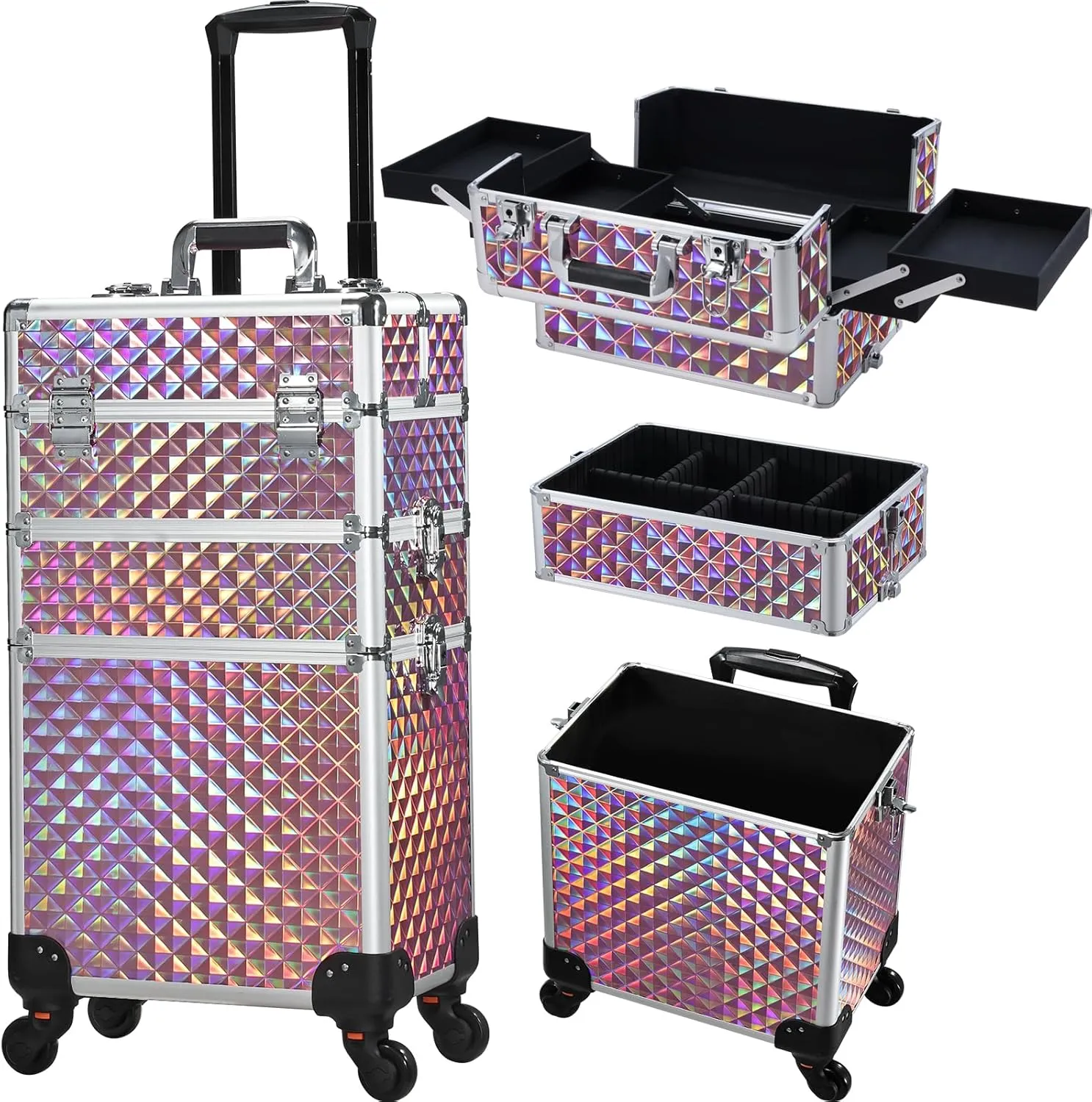 FRENESSA 3 in 1 Rolling Makeup Train Case Portable Cosmetic Trolley Large Storage for Professional with 360° Swivel Wheels Salon Barber Case Traveling Cart Trunk - Glitter Pink