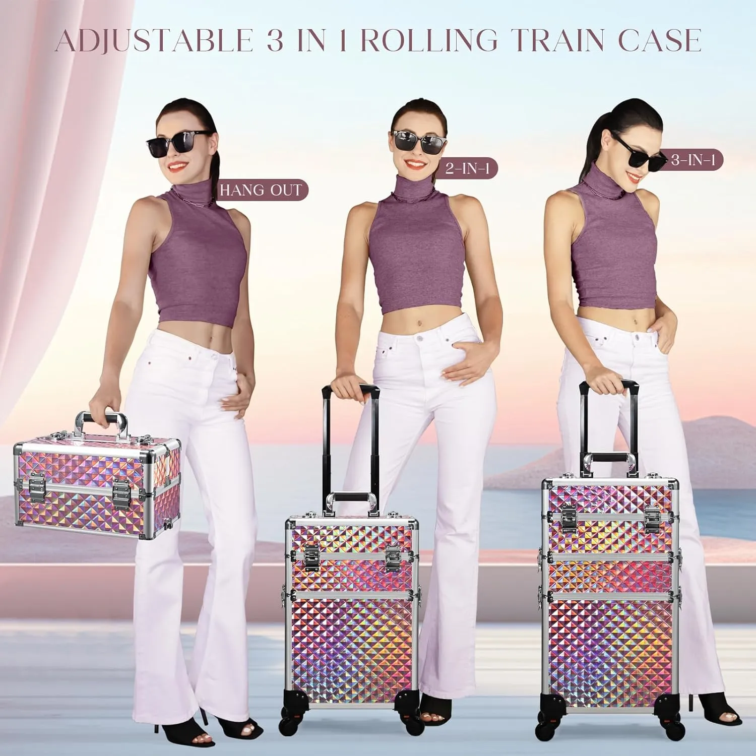 FRENESSA 3 in 1 Rolling Makeup Train Case Portable Cosmetic Trolley Large Storage for Professional with 360° Swivel Wheels Salon Barber Case Traveling Cart Trunk - Glitter Pink