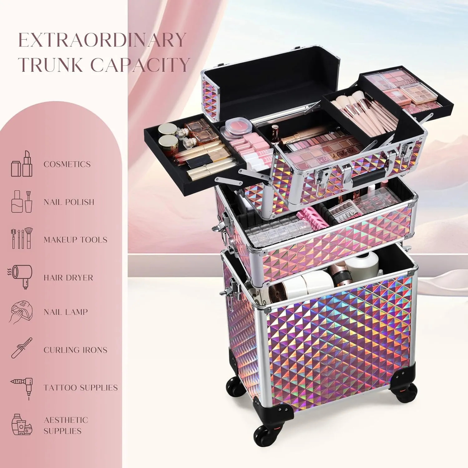 FRENESSA 3 in 1 Rolling Makeup Train Case Portable Cosmetic Trolley Large Storage for Professional with 360° Swivel Wheels Salon Barber Case Traveling Cart Trunk - Glitter Pink