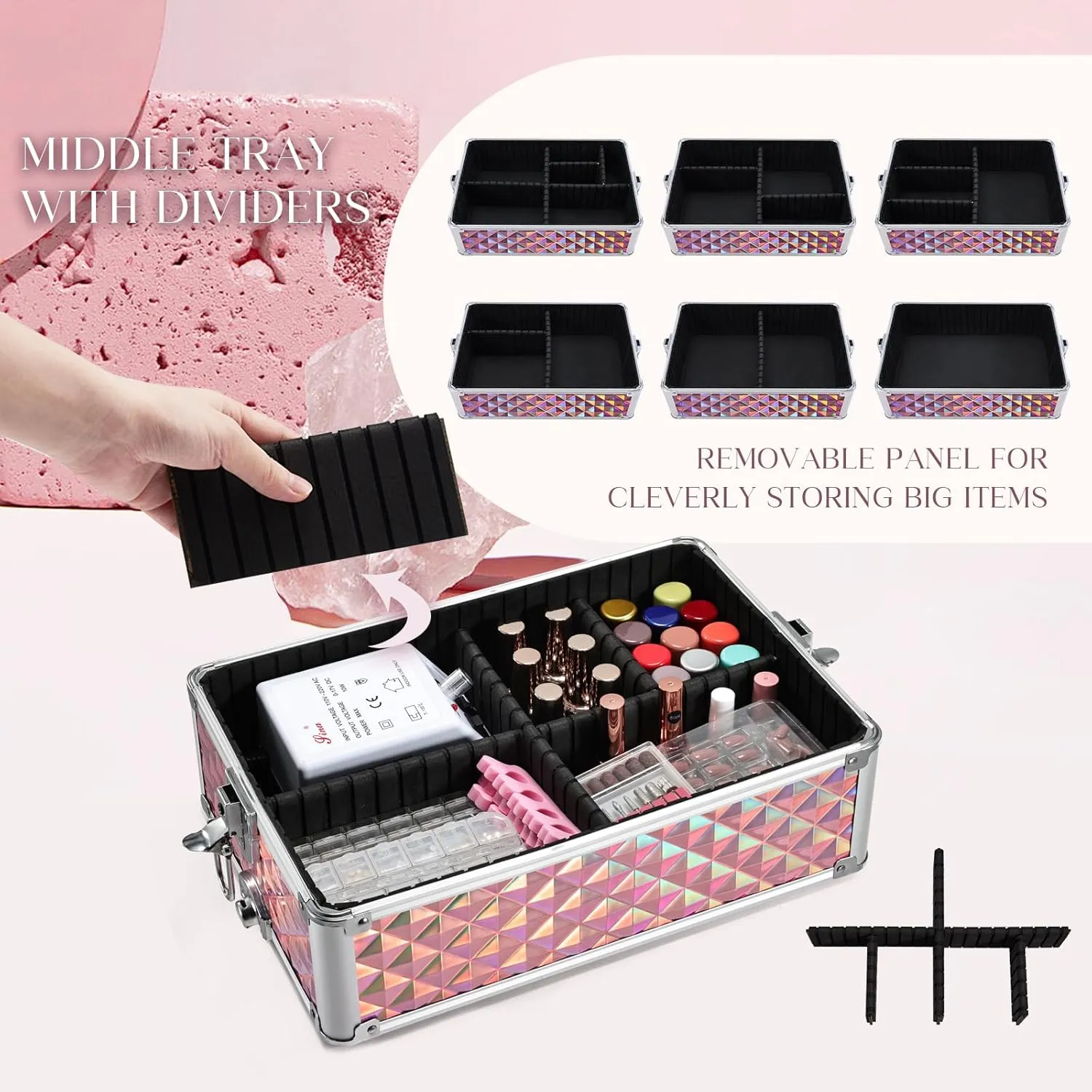 FRENESSA 3 in 1 Rolling Makeup Train Case Portable Cosmetic Trolley Large Storage for Professional with 360° Swivel Wheels Salon Barber Case Traveling Cart Trunk - Glitter Pink