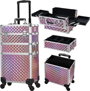 FRENESSA 3 in 1 Rolling Makeup Train Case Portable Cosmetic Trolley Large Storage for Professional with 360° Swivel Wheels Salon Barber Case Traveling Cart Trunk - Glitter Pink