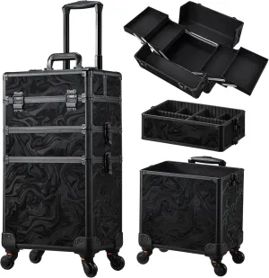 FRENESSA 3 in 1 Rolling Makeup Train Case Professional Cosmetic Trolley Large Storage with Keys Swivel Wheels Salon Barber Case Traveling Cart Trunk for Make Up Hairstylists Nail Tech, Alpine Black
