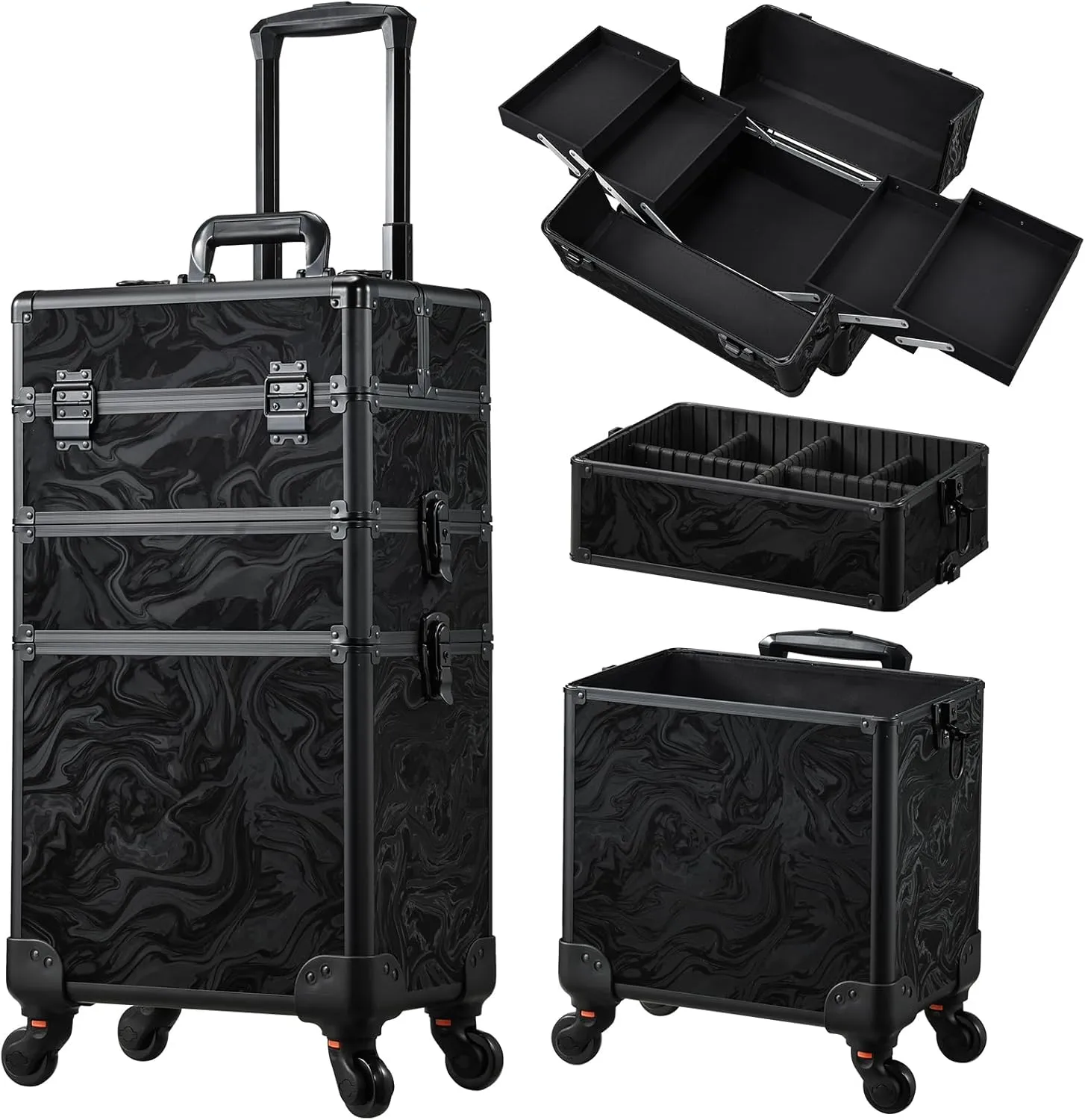 FRENESSA 3 in 1 Rolling Makeup Train Case Professional Cosmetic Trolley Large Storage with Keys Swivel Wheels Salon Barber Case Traveling Cart Trunk for Make Up Hairstylists Nail Tech, Alpine Black