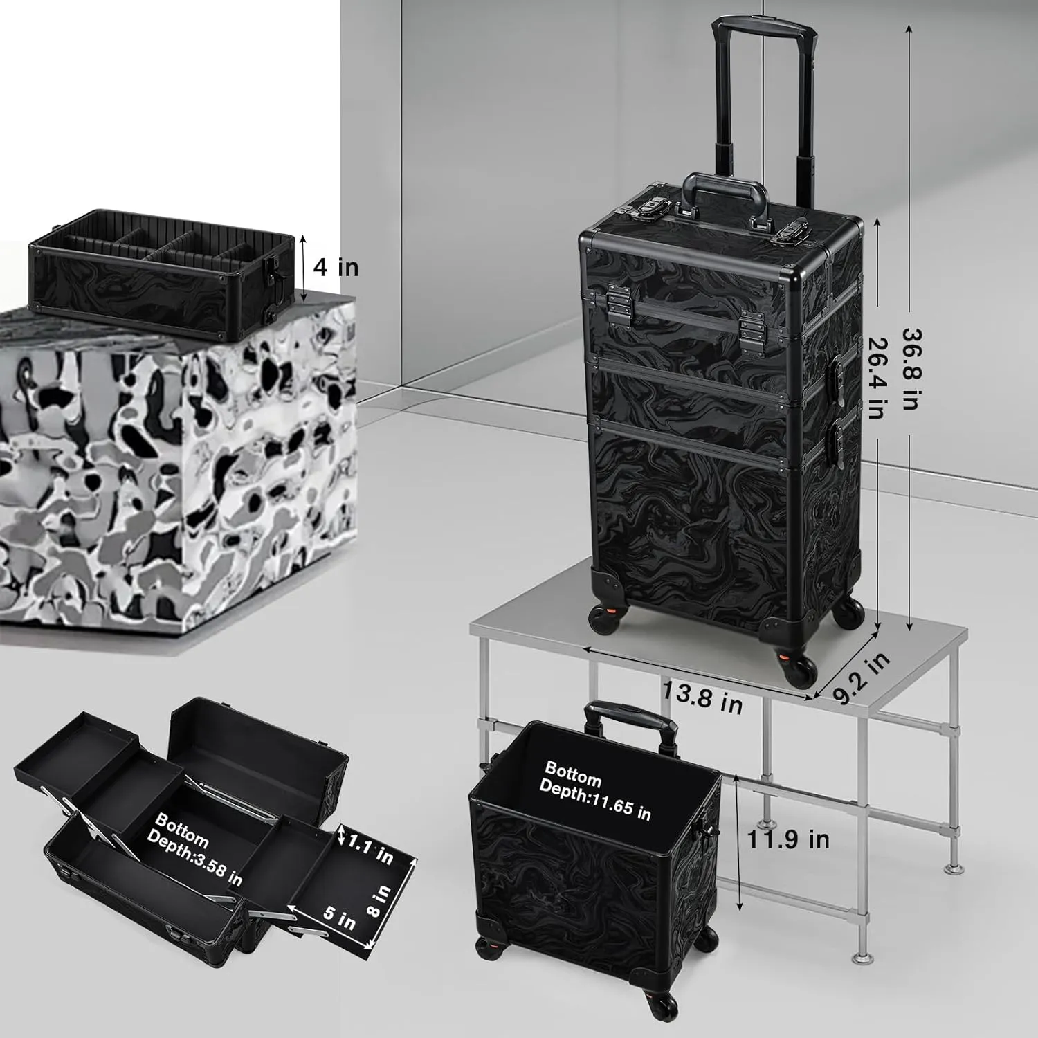 FRENESSA 3 in 1 Rolling Makeup Train Case Professional Cosmetic Trolley Large Storage with Keys Swivel Wheels Salon Barber Case Traveling Cart Trunk for Make Up Hairstylists Nail Tech, Alpine Black