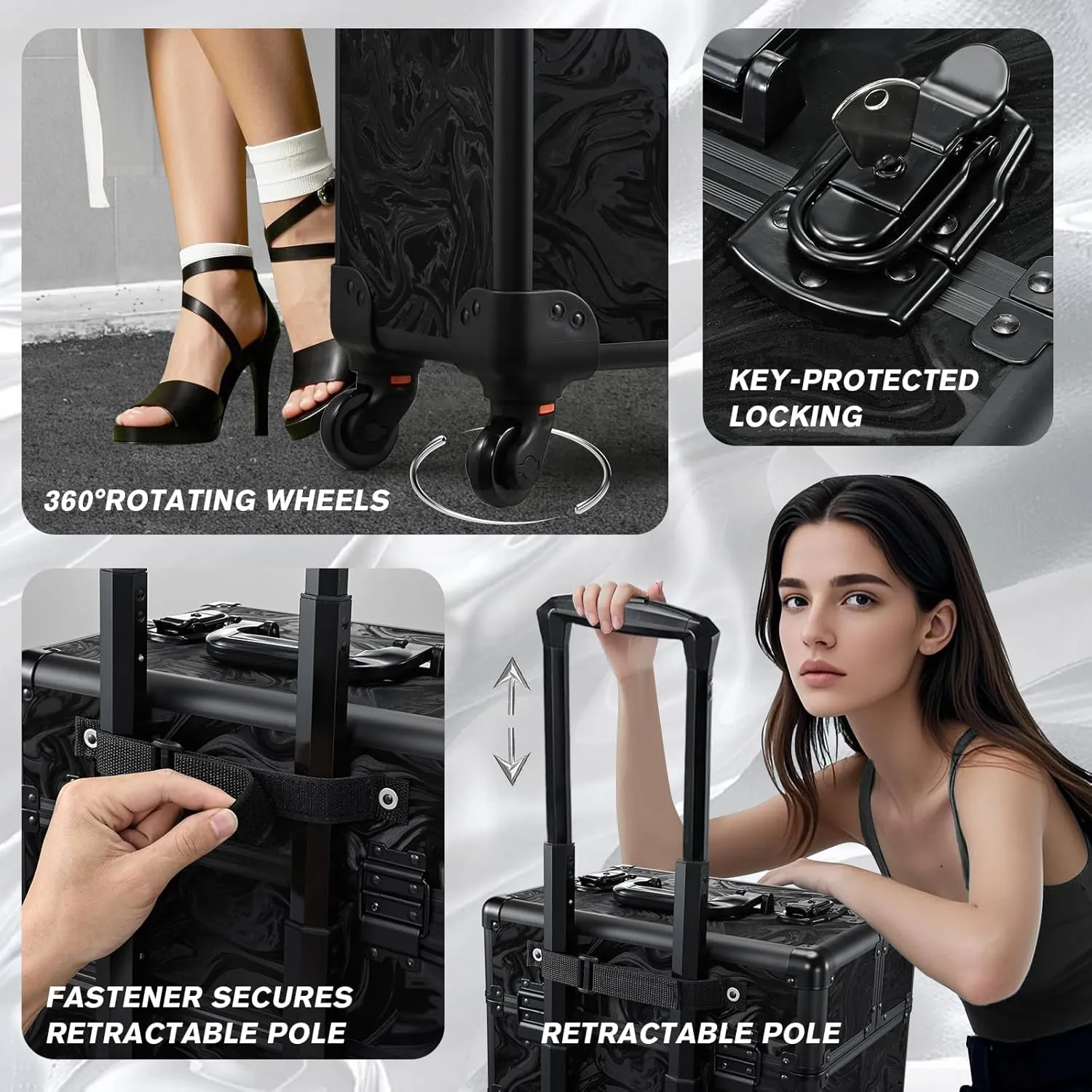 FRENESSA 3 in 1 Rolling Makeup Train Case Professional Cosmetic Trolley Large Storage with Keys Swivel Wheels Salon Barber Case Traveling Cart Trunk for Make Up Hairstylists Nail Tech, Alpine Black