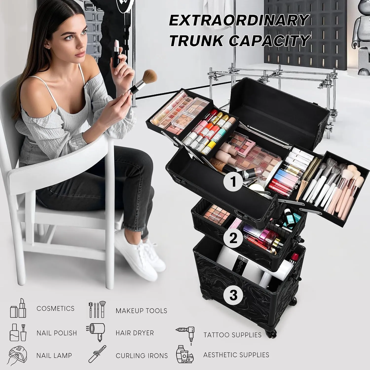 FRENESSA 3 in 1 Rolling Makeup Train Case Professional Cosmetic Trolley Large Storage with Keys Swivel Wheels Salon Barber Case Traveling Cart Trunk for Make Up Hairstylists Nail Tech, Alpine Black
