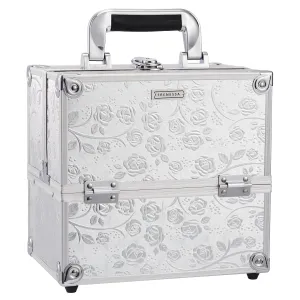 FRENESSA Makeup Case Makeup Box Travel Train Case Portable Cosmetic Box Storage Cases Make Up Trvel Case with 4 Trays Divider Locking Hard Vanity Case for Artist Nail Cafter Supplies Silver Rose