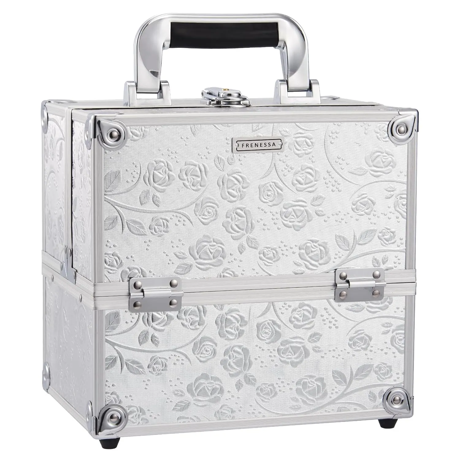 FRENESSA Makeup Case Makeup Box Travel Train Case Portable Cosmetic Box Storage Cases Make Up Trvel Case with 4 Trays Divider Locking Hard Vanity Case for Artist Nail Cafter Supplies Silver Rose