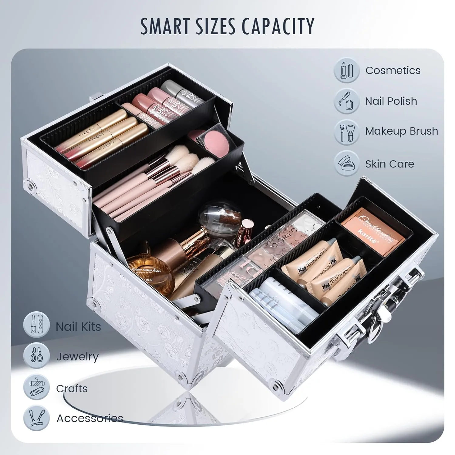 FRENESSA Makeup Case Makeup Box Travel Train Case Portable Cosmetic Box Storage Cases Make Up Trvel Case with 4 Trays Divider Locking Hard Vanity Case for Artist Nail Cafter Supplies Silver Rose