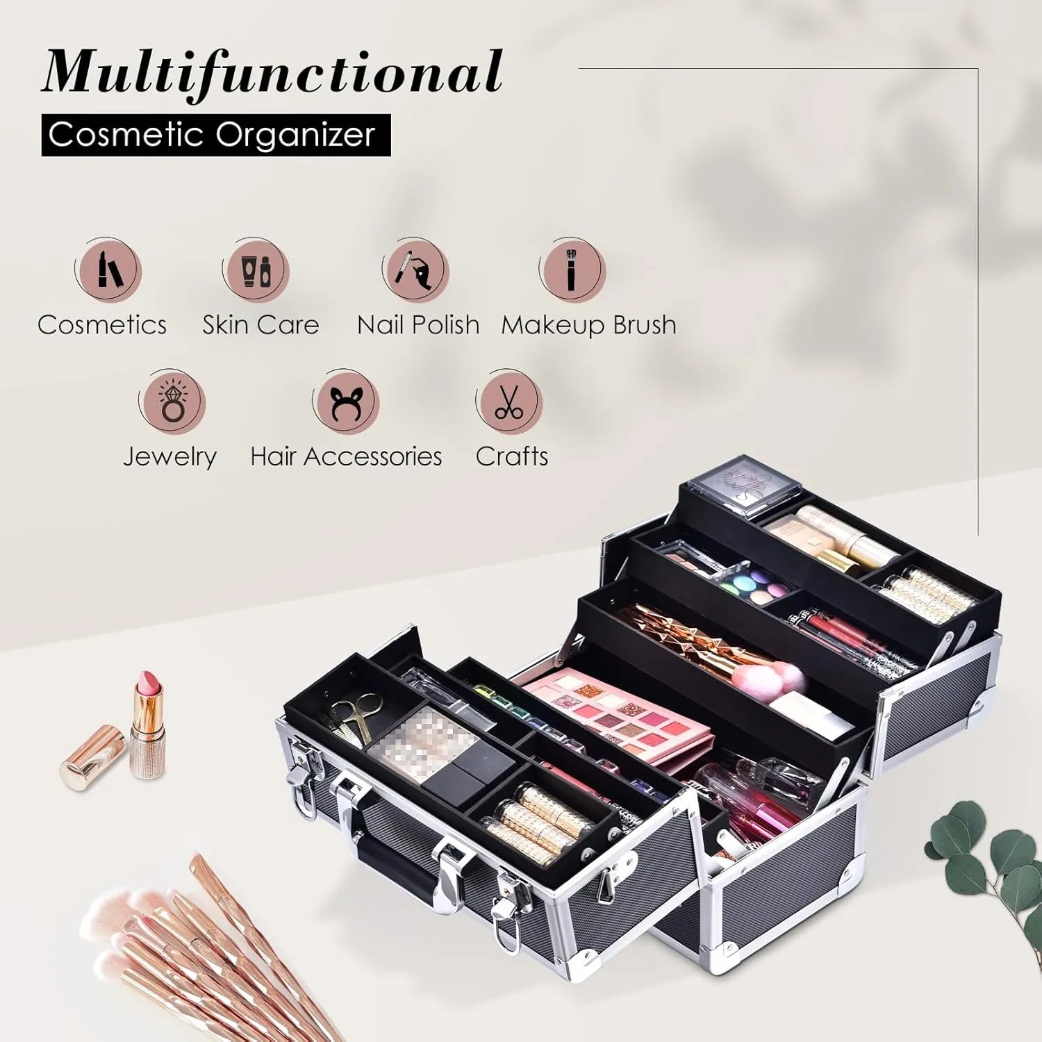 FRENESSA Makeup Train Case Large Cosmetic Box 6 Tier Trays with Compartments Professional Makeup Box Jewelry Storage Organizer Case Adjustable Bottom with Shoulder Strap - Black