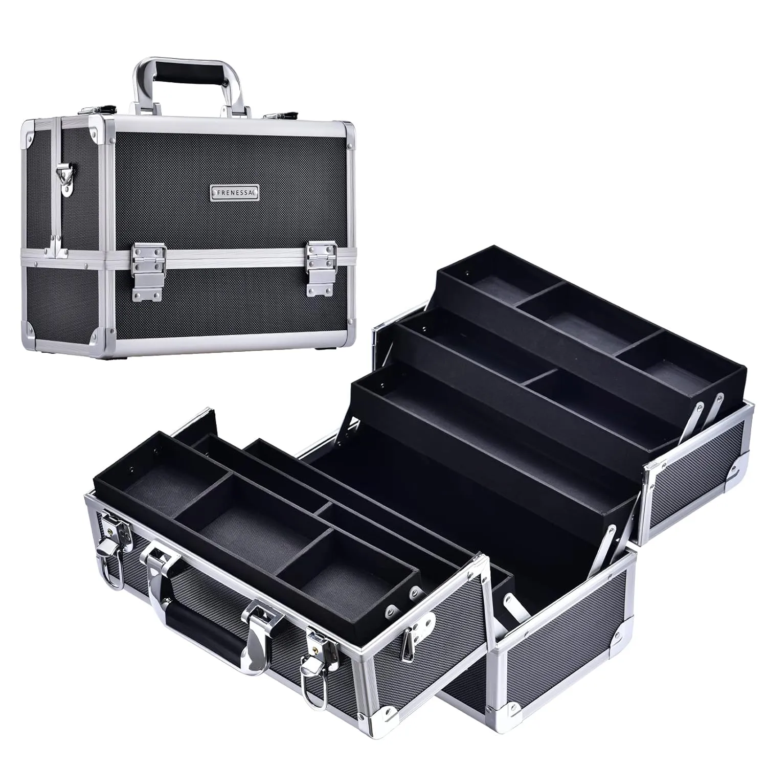 FRENESSA Makeup Train Case Large Cosmetic Box 6 Tier Trays with Compartments Professional Makeup Box Jewelry Storage Organizer Case Adjustable Bottom with Shoulder Strap - Black