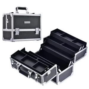 FRENESSA Makeup Train Case Large Cosmetic Box 6 Tier Trays with Compartments Professional Makeup Box Jewelry Storage Organizer Case Adjustable Bottom with Shoulder Strap - Black