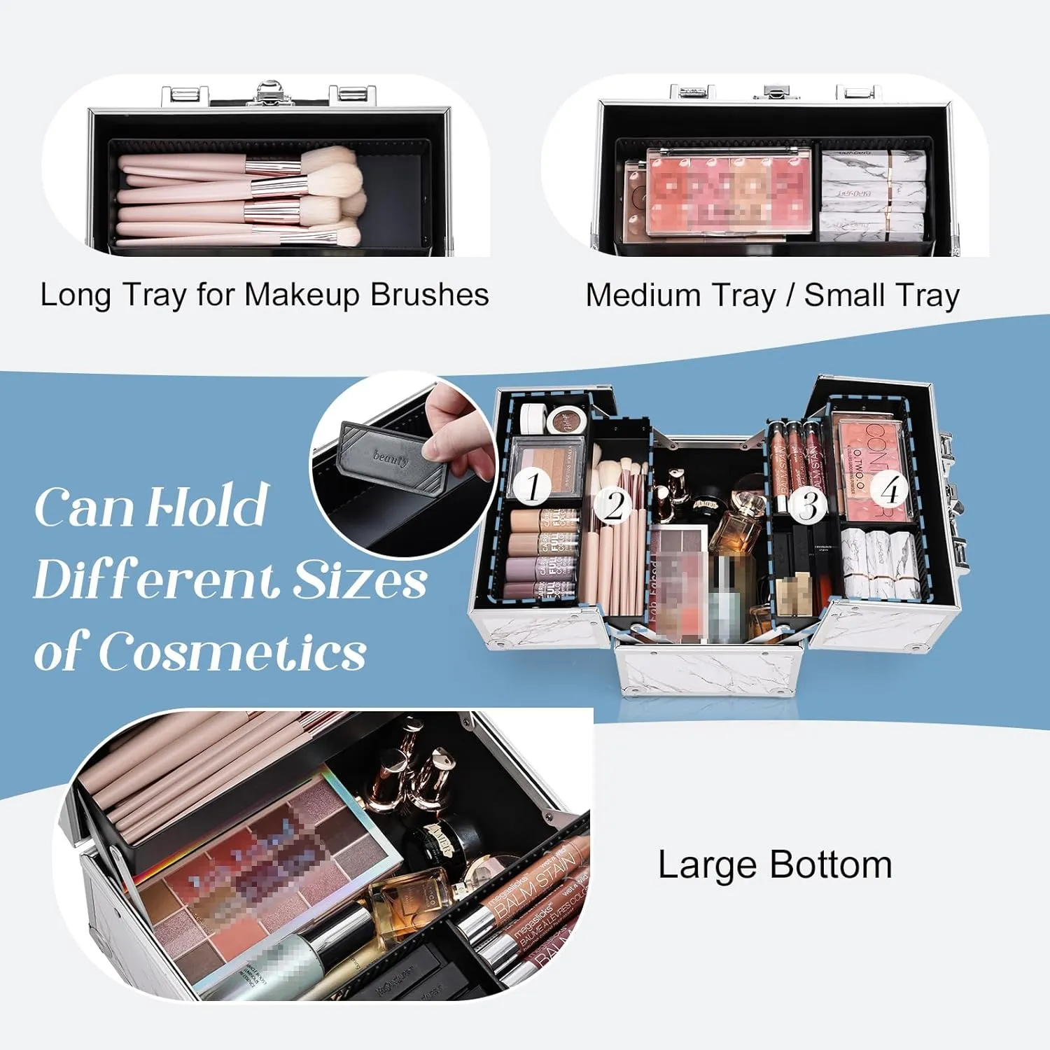 Frenessa Marble Leather Makeup Train Case Portable Cosmetic Case 4 Trays Storage Organizer for Make Up Nail Tech Crafter Makeup Tools Cosmetic Case Marble
