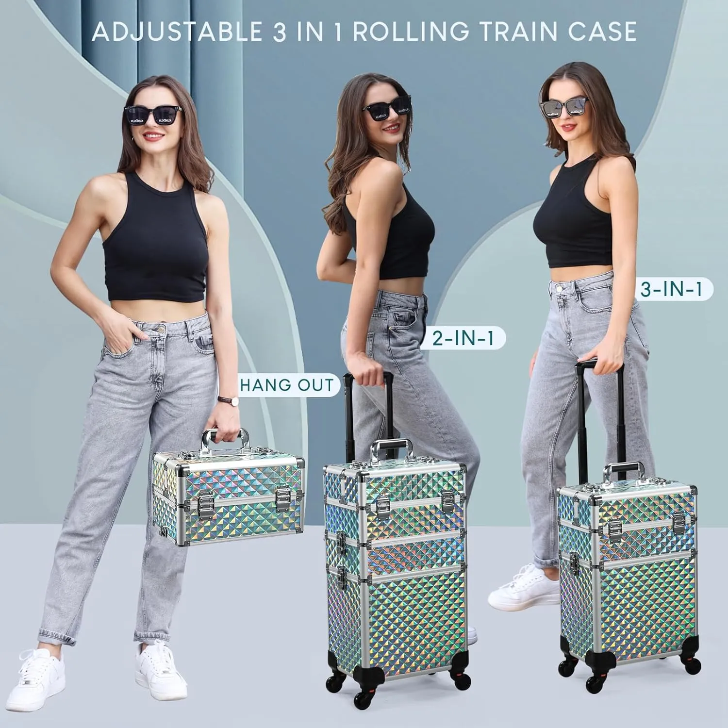 FRENESSA Rolling Makeup Case Cosmetology Case on Wheels 3 in 1 Cosmetic Trolley Large Storage Organizer Salon Barber Case Traveling Cart Trunk for Esthetician Nail Tech Mobile Stylists, Blue
