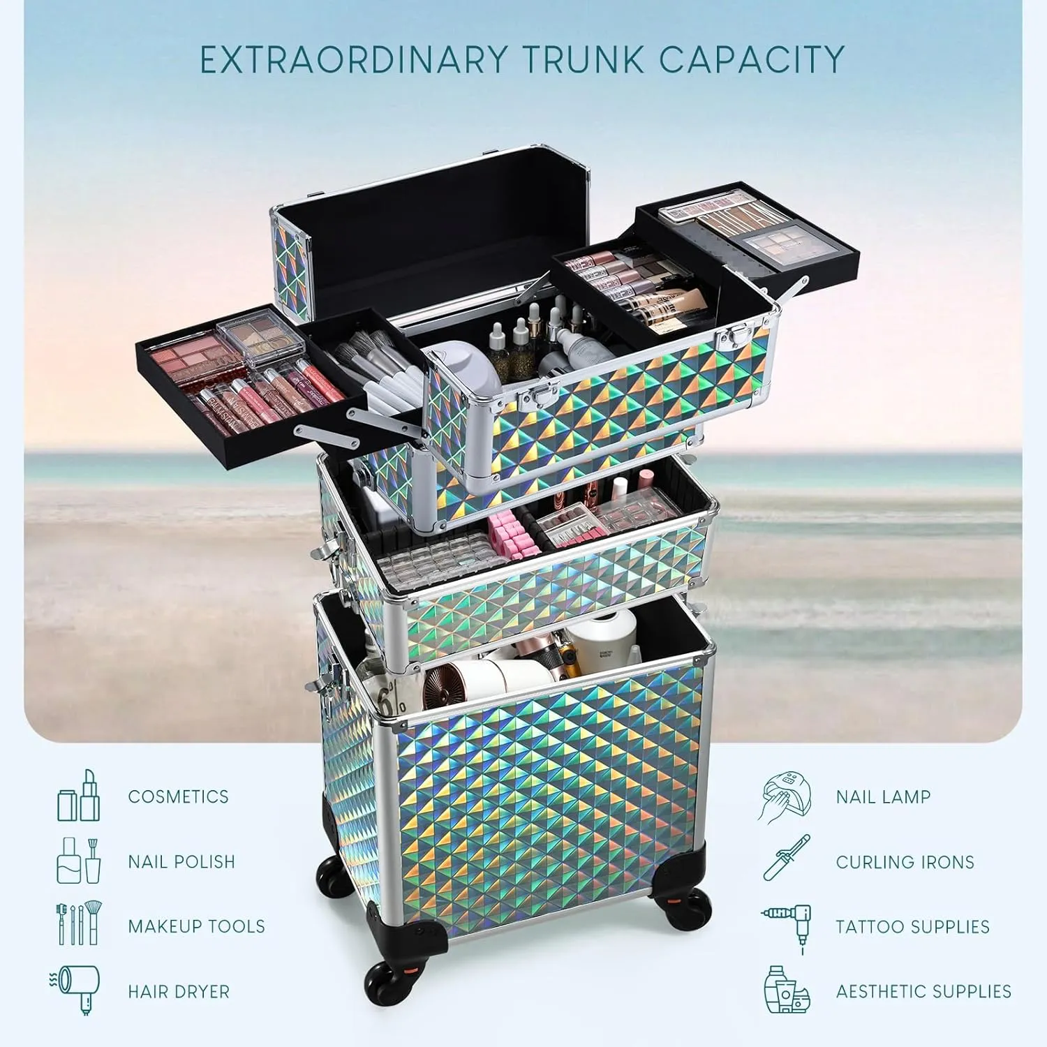 FRENESSA Rolling Makeup Case Cosmetology Case on Wheels 3 in 1 Cosmetic Trolley Large Storage Organizer Salon Barber Case Traveling Cart Trunk for Esthetician Nail Tech Mobile Stylists, Blue