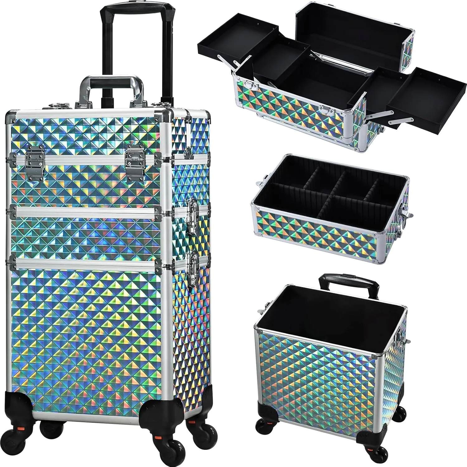 FRENESSA Rolling Makeup Case Cosmetology Case on Wheels 3 in 1 Cosmetic Trolley Large Storage Organizer Salon Barber Case Traveling Cart Trunk for Esthetician Nail Tech Mobile Stylists, Blue