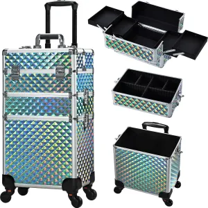 FRENESSA Rolling Makeup Case Cosmetology Case on Wheels 3 in 1 Cosmetic Trolley Large Storage Organizer Salon Barber Case Traveling Cart Trunk for Esthetician Nail Tech Mobile Stylists, Blue