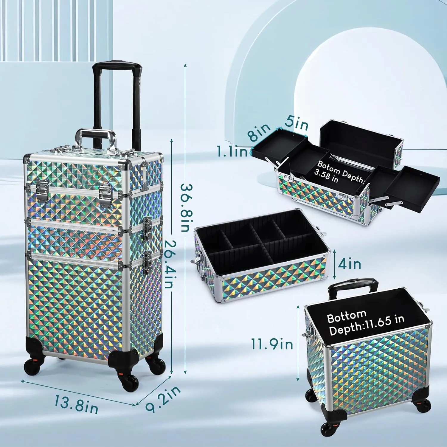 FRENESSA Rolling Makeup Case Cosmetology Case on Wheels 3 in 1 Cosmetic Trolley Large Storage Organizer Salon Barber Case Traveling Cart Trunk for Esthetician Nail Tech Mobile Stylists, Blue