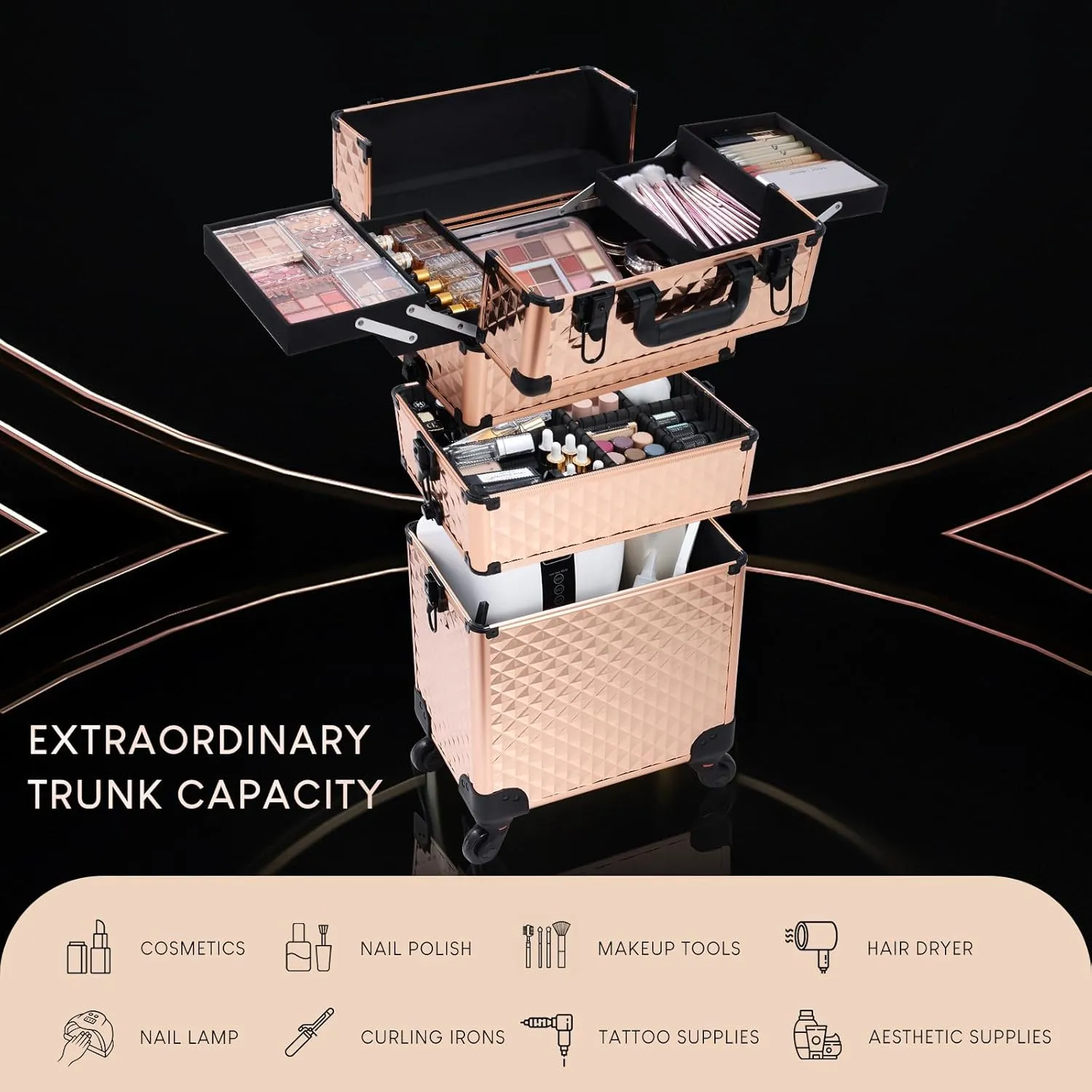 Frenessa Rolling Makeup Train Case 3 in 1 Professional Cosmetic Trolley Large Storage with keys Swivel Wheels Salon Barber Case Traveling Cart Trunk for Make Up Nail Tech - Vintage Rose Gold