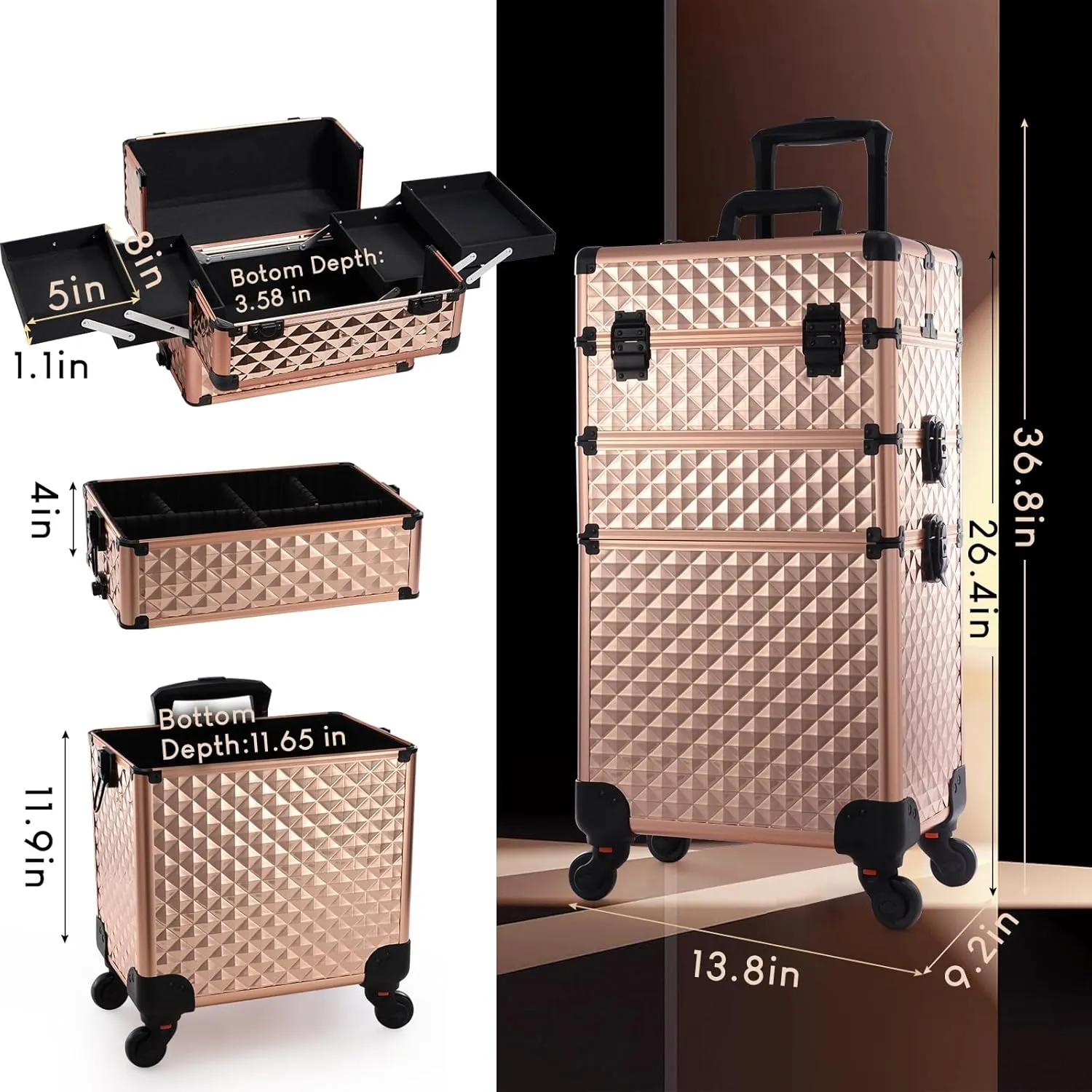 Frenessa Rolling Makeup Train Case 3 in 1 Professional Cosmetic Trolley Large Storage with keys Swivel Wheels Salon Barber Case Traveling Cart Trunk for Make Up Nail Tech - Vintage Rose Gold