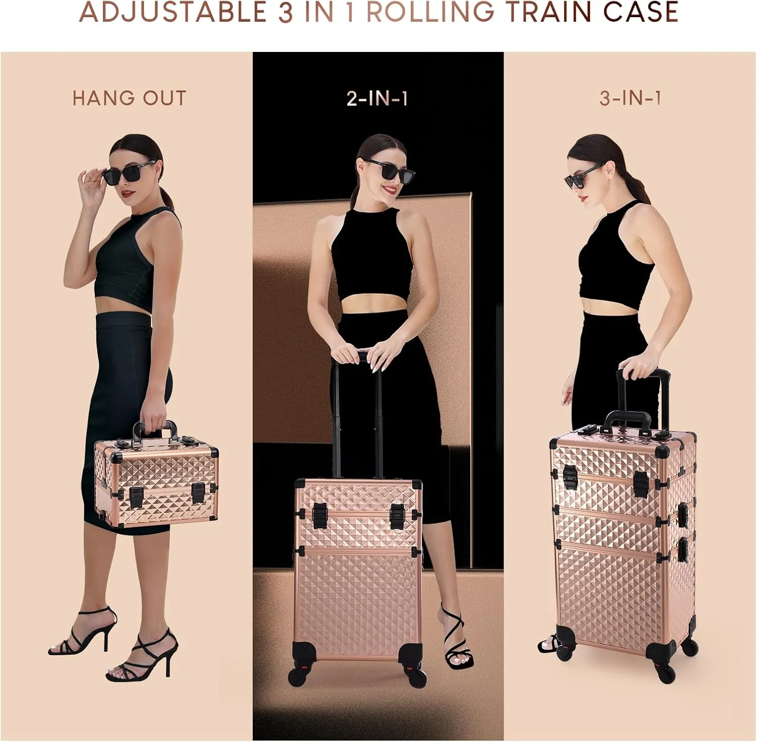 Frenessa Rolling Makeup Train Case 3 in 1 Professional Cosmetic Trolley Large Storage with keys Swivel Wheels Salon Barber Case Traveling Cart Trunk for Make Up Nail Tech - Vintage Rose Gold