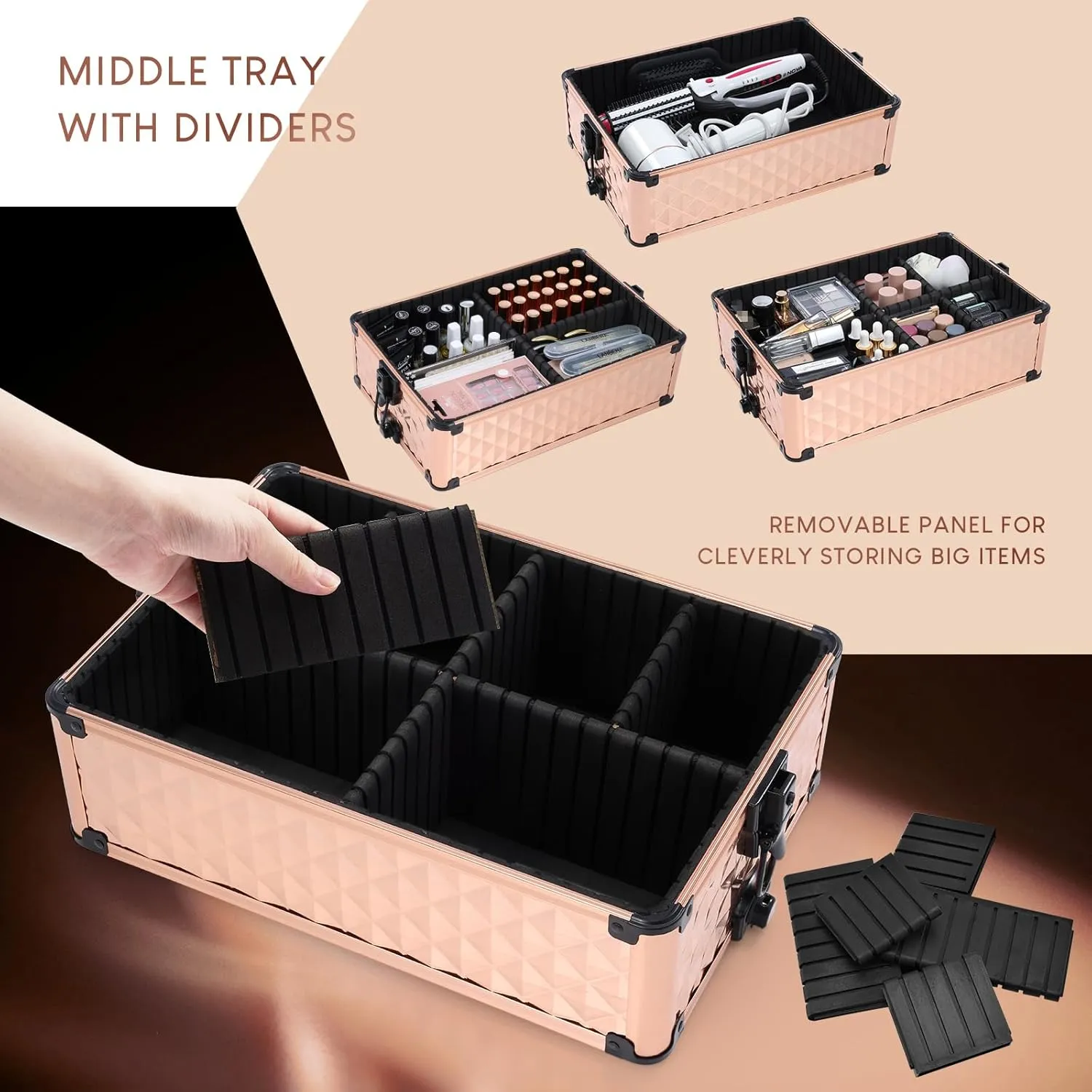 Frenessa Rolling Makeup Train Case 3 in 1 Professional Cosmetic Trolley Large Storage with keys Swivel Wheels Salon Barber Case Traveling Cart Trunk for Make Up Nail Tech - Vintage Rose Gold