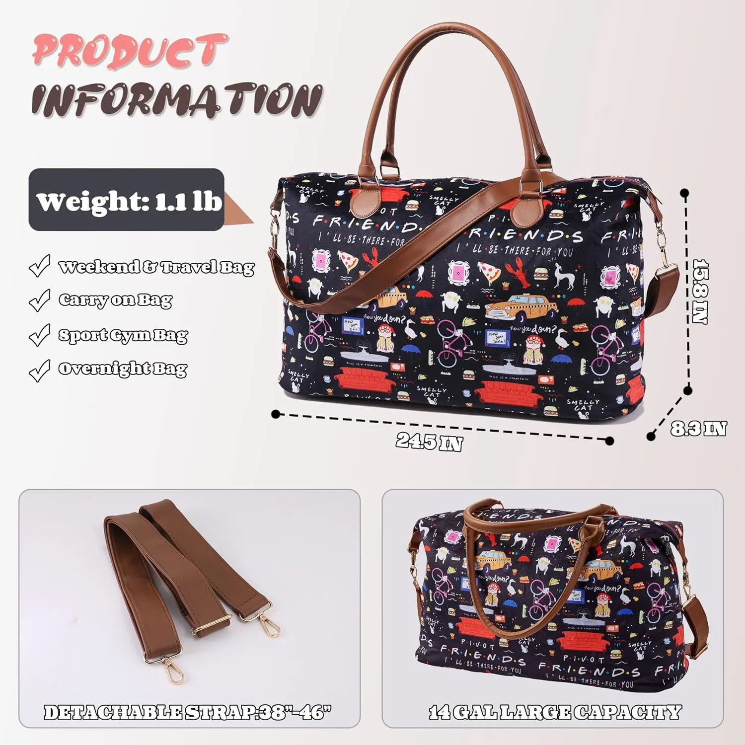 Friends TV Show Weekender Bags Extra Large, Stylish Travel Duffle Bag Waterproof, Surface Waterproof Weekend Bag, Lightweight Overnight Hospital Bags Western Gifts for Women with Shoulder Straps