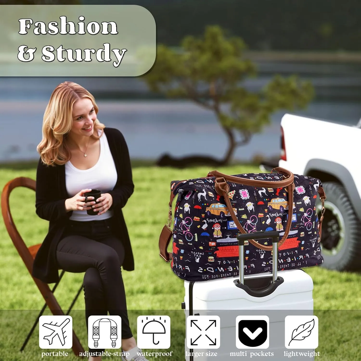 Friends TV Show Weekender Bags Extra Large, Stylish Travel Duffle Bag Waterproof, Surface Waterproof Weekend Bag, Lightweight Overnight Hospital Bags Western Gifts for Women with Shoulder Straps