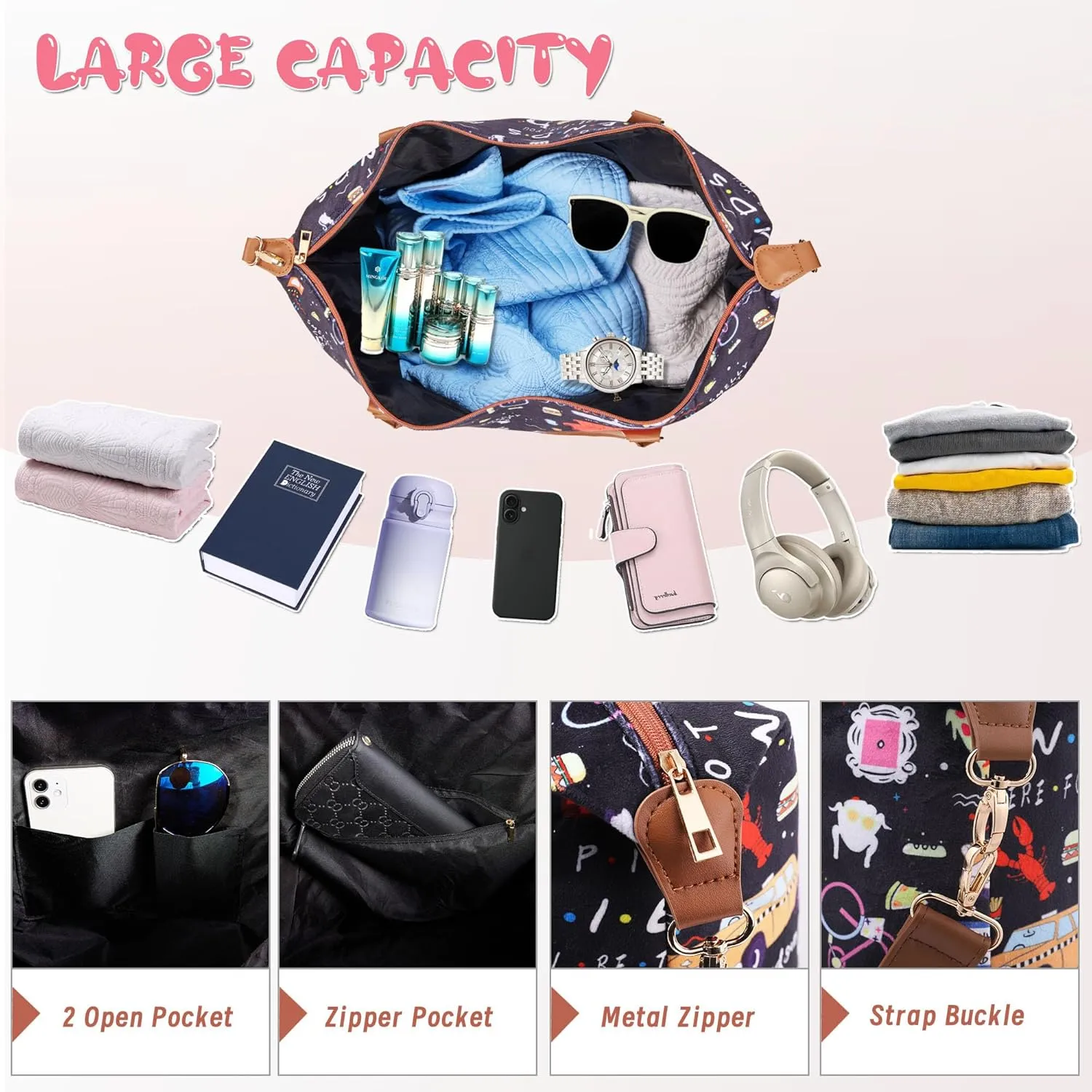 Friends TV Show Weekender Bags Extra Large, Stylish Travel Duffle Bag Waterproof, Surface Waterproof Weekend Bag, Lightweight Overnight Hospital Bags Western Gifts for Women with Shoulder Straps