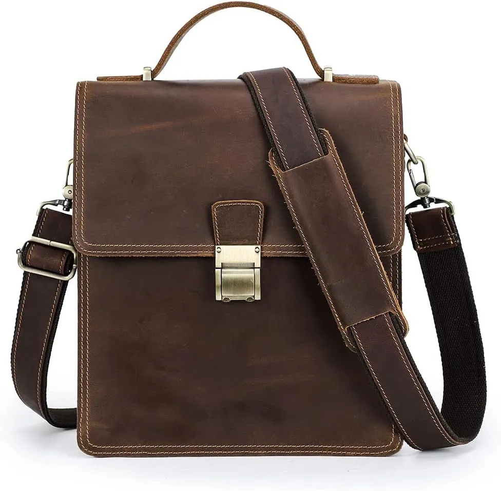Full Grain Leather Small Messenger Bag for Men with Lock Briefcase Travel Crossbody Shoulder Bag