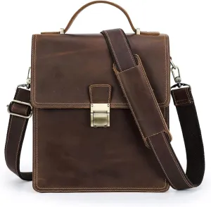 Full Grain Leather Small Messenger Bag for Men with Lock Briefcase Travel Crossbody Shoulder Bag