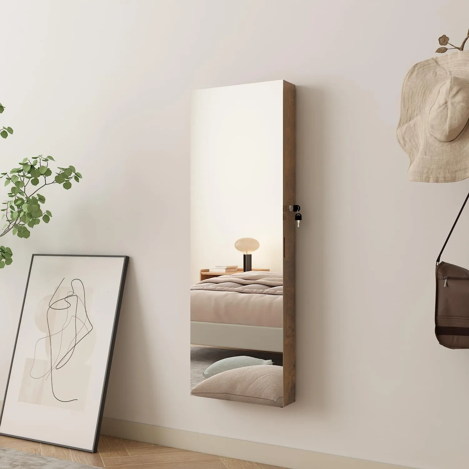 Full Length Mirror Jewelry Armoire Jewelry Cabinet - 2-in-1 Organizer for Makeup and Jewelry Lockable Storage Over The Door Mirror With Jewelry Storage- Rustic Brown