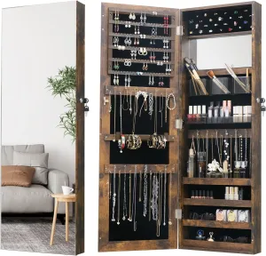 Full Length Mirror Jewelry Armoire Jewelry Cabinet - 2-in-1 Organizer for Makeup and Jewelry Lockable Storage Over The Door Mirror With Jewelry Storage- Rustic Brown