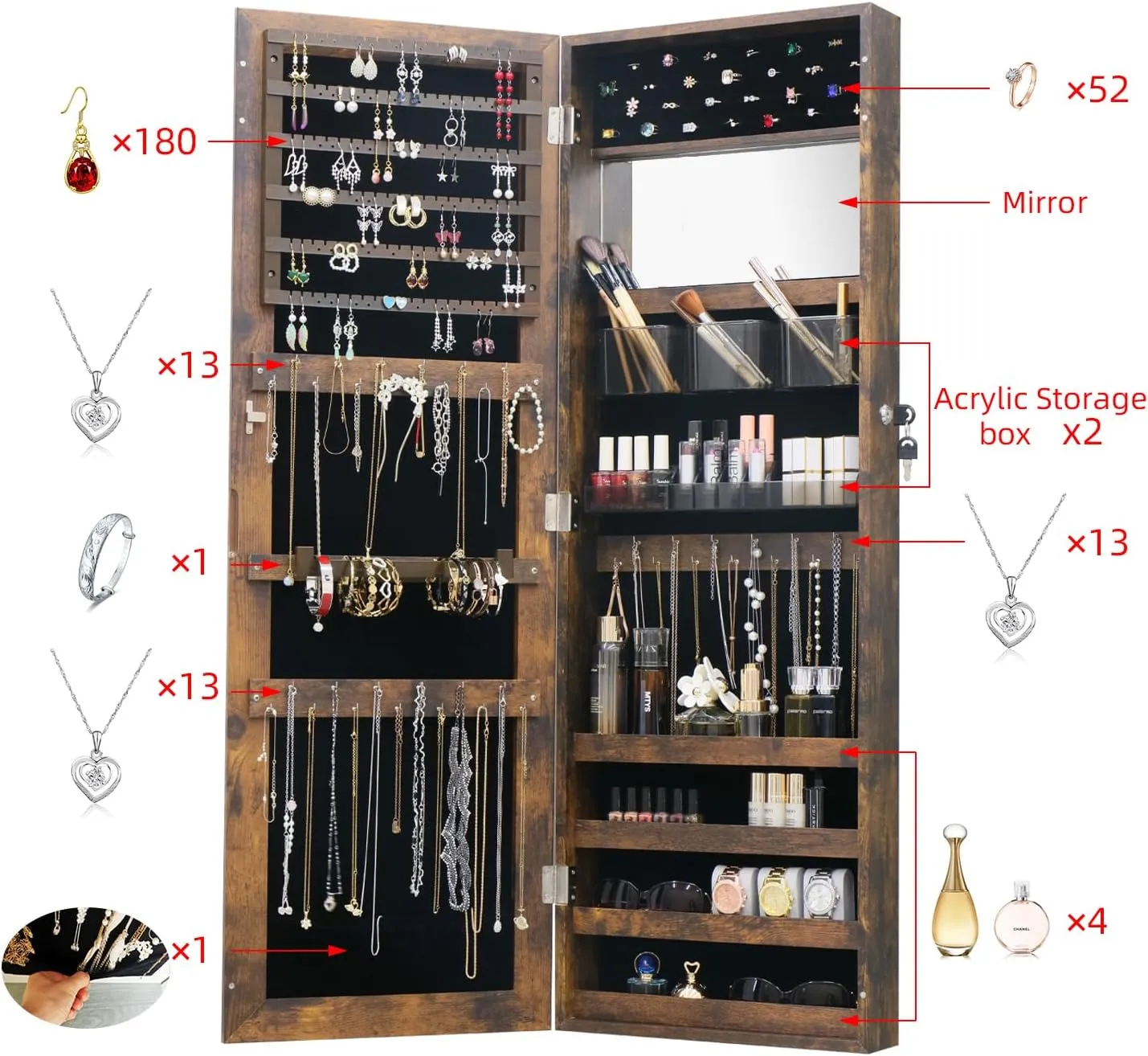 Full Length Mirror Jewelry Armoire Jewelry Cabinet - 2-in-1 Organizer for Makeup and Jewelry Lockable Storage Over The Door Mirror With Jewelry Storage- Rustic Brown