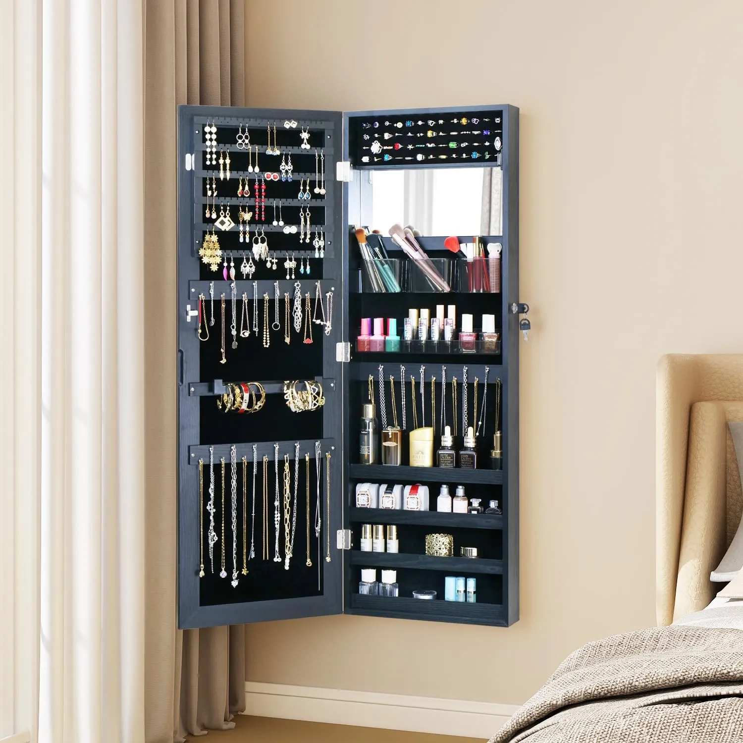 Full Length Mirror Jewelry Cabinet - 2-in-1 Organizer for Makeup and Jewelry,Lockable Door Wall-Mounted Jewelry Armoire with Shelves and Behind the Door Storage Black