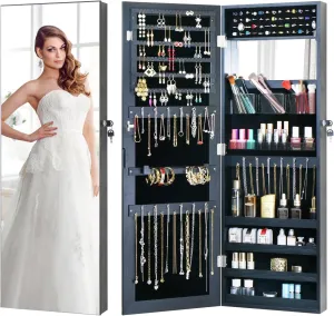 Full Length Mirror Jewelry Cabinet - 2-in-1 Organizer for Makeup and Jewelry,Lockable Door Wall-Mounted Jewelry Armoire with Shelves and Behind the Door Storage Black