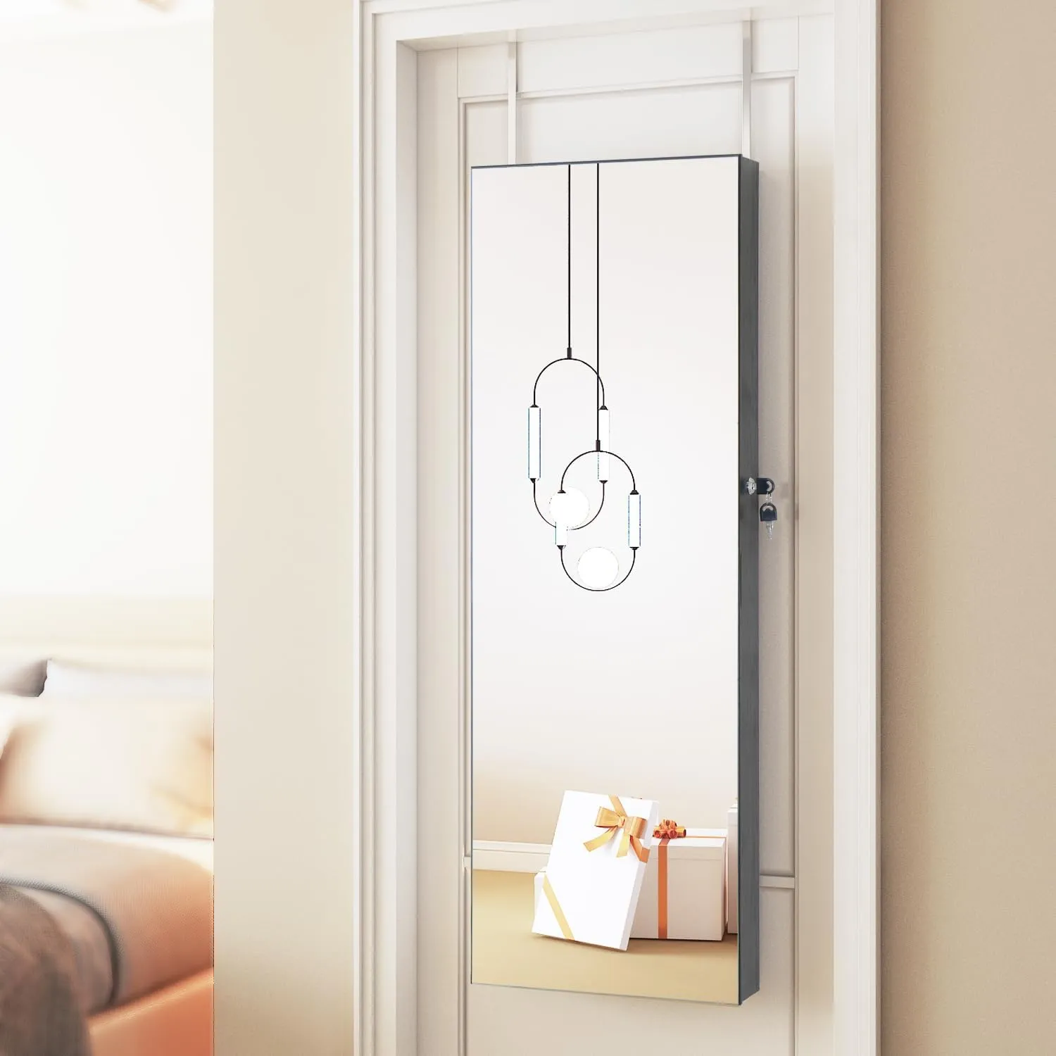 Full Length Mirror Jewelry Cabinet - 2-in-1 Organizer for Makeup and Jewelry,Lockable Door Wall-Mounted Jewelry Armoire with Shelves and Behind the Door Storage Black