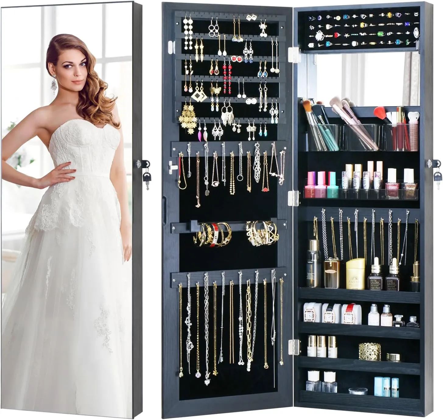 Full Length Mirror Jewelry Cabinet - 2-in-1 Organizer for Makeup and Jewelry,Lockable Door Wall-Mounted Jewelry Armoire with Shelves and Behind the Door Storage Black