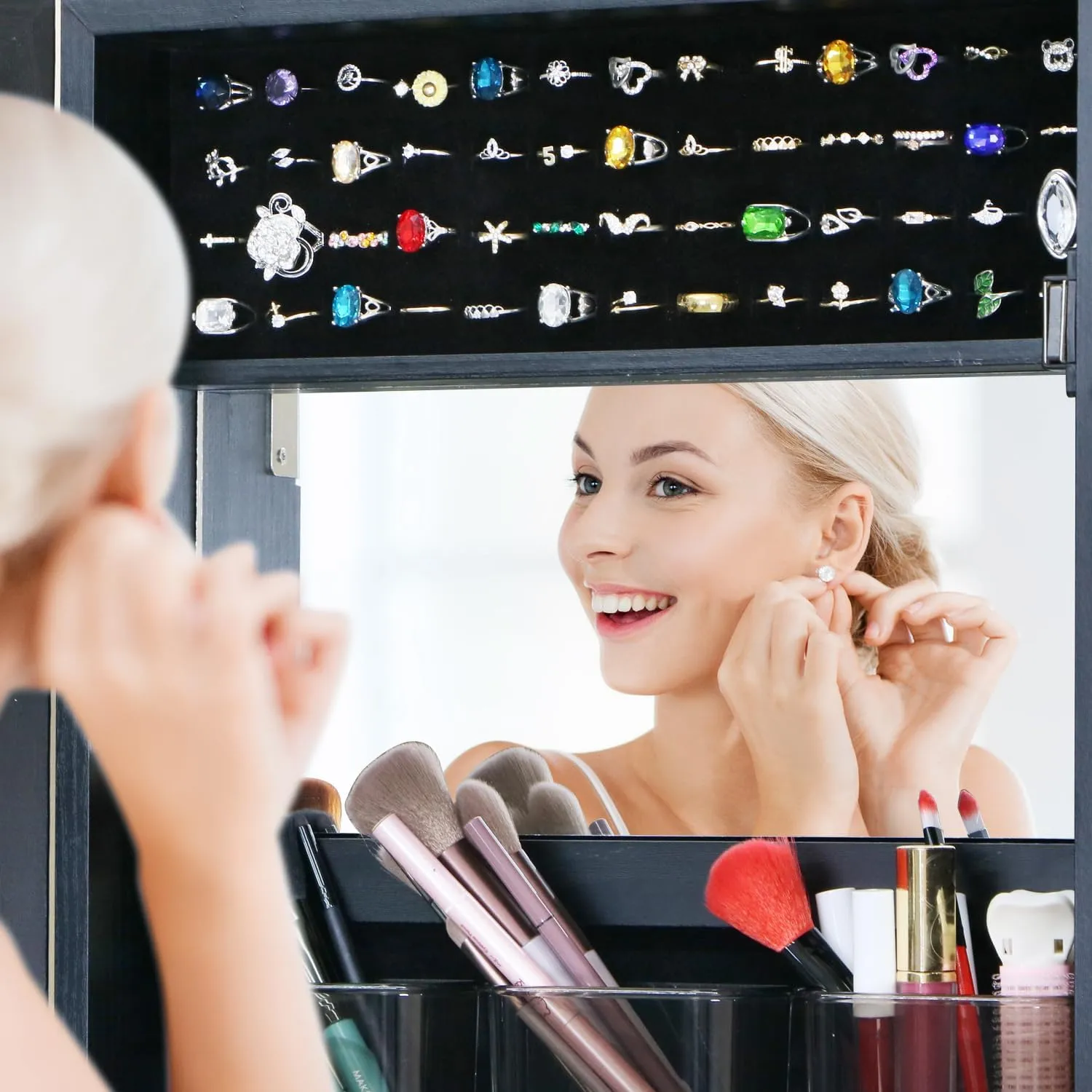 Full Length Mirror Jewelry Cabinet - 2-in-1 Organizer for Makeup and Jewelry,Lockable Door Wall-Mounted Jewelry Armoire with Shelves and Behind the Door Storage Black