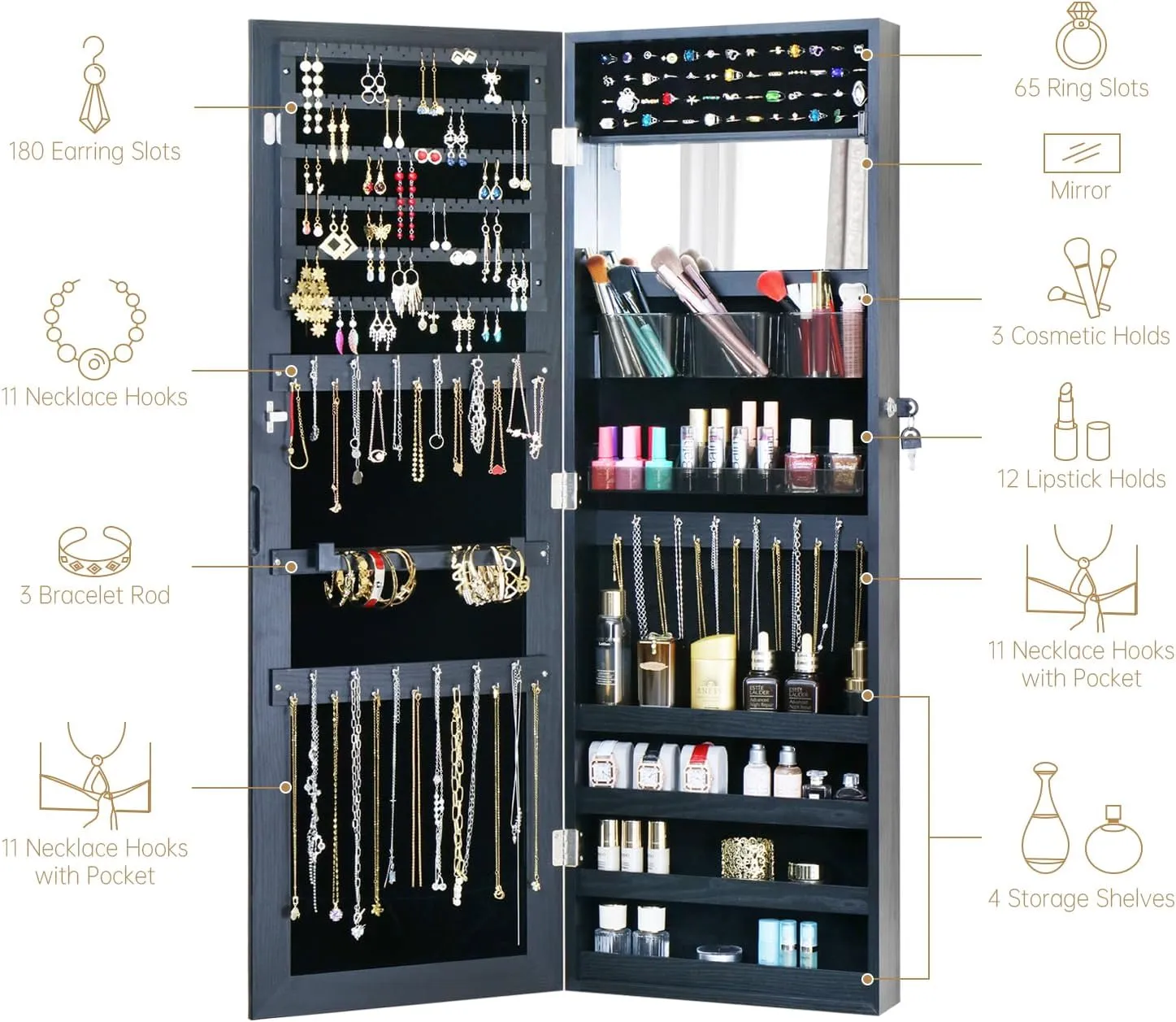 Full Length Mirror Jewelry Cabinet - 2-in-1 Organizer for Makeup and Jewelry,Lockable Door Wall-Mounted Jewelry Armoire with Shelves and Behind the Door Storage Black
