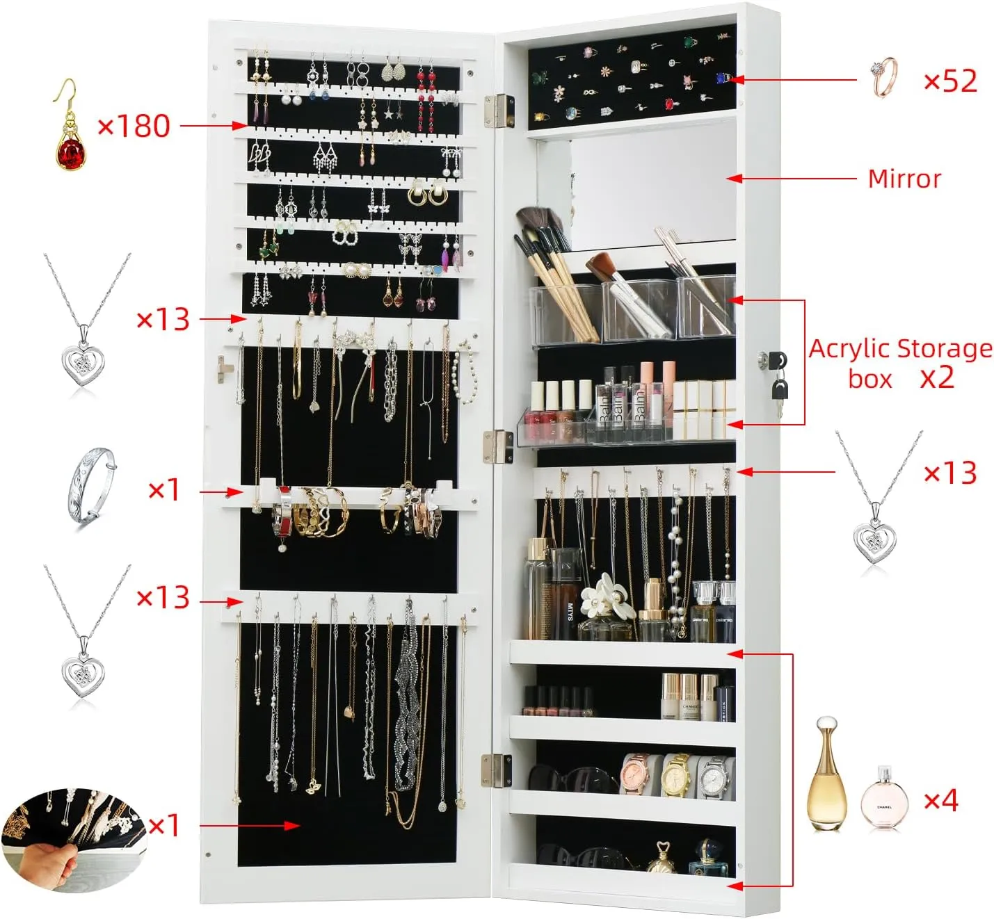 Full Length Mirror Jewelry Cabinet - 2-in-1 Organizer for Makeup and Jewelry,Lockable Door Wall-Mounted Jewelry Armoire with Shelves and Behind the Door Storage White