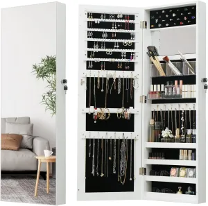 Full Length Mirror Jewelry Cabinet - 2-in-1 Organizer for Makeup and Jewelry,Lockable Door Wall-Mounted Jewelry Armoire with Shelves and Behind the Door Storage White