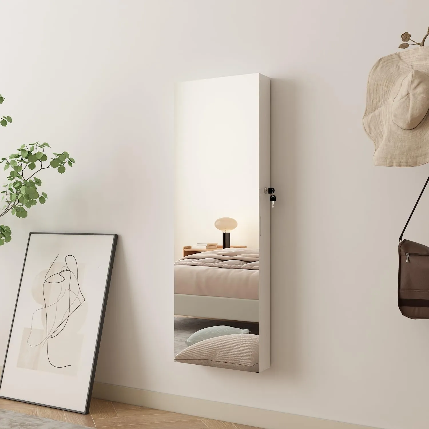 Full Length Mirror Jewelry Cabinet - 2-in-1 Organizer for Makeup and Jewelry,Lockable Door Wall-Mounted Jewelry Armoire with Shelves and Behind the Door Storage White