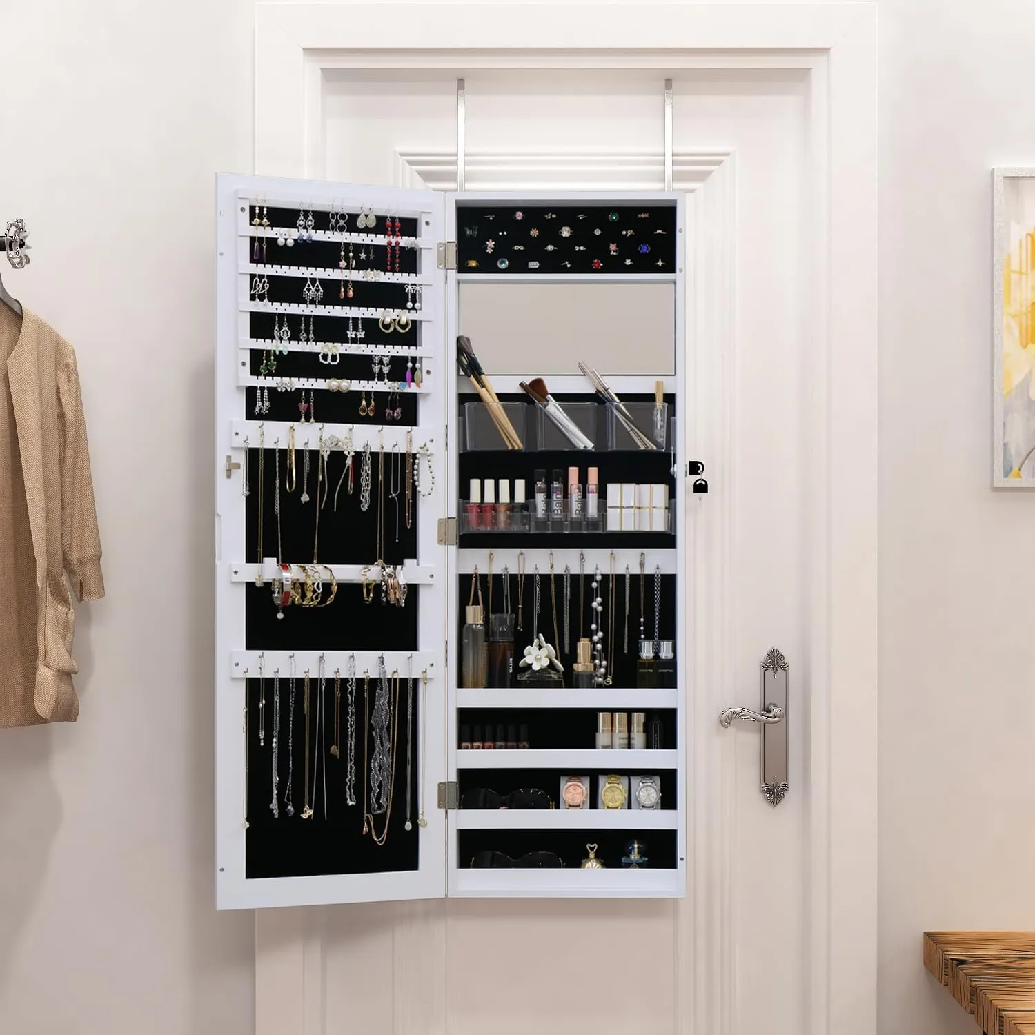 Full Length Mirror Jewelry Cabinet - 2-in-1 Organizer for Makeup and Jewelry,Lockable Door Wall-Mounted Jewelry Armoire with Shelves and Behind the Door Storage White